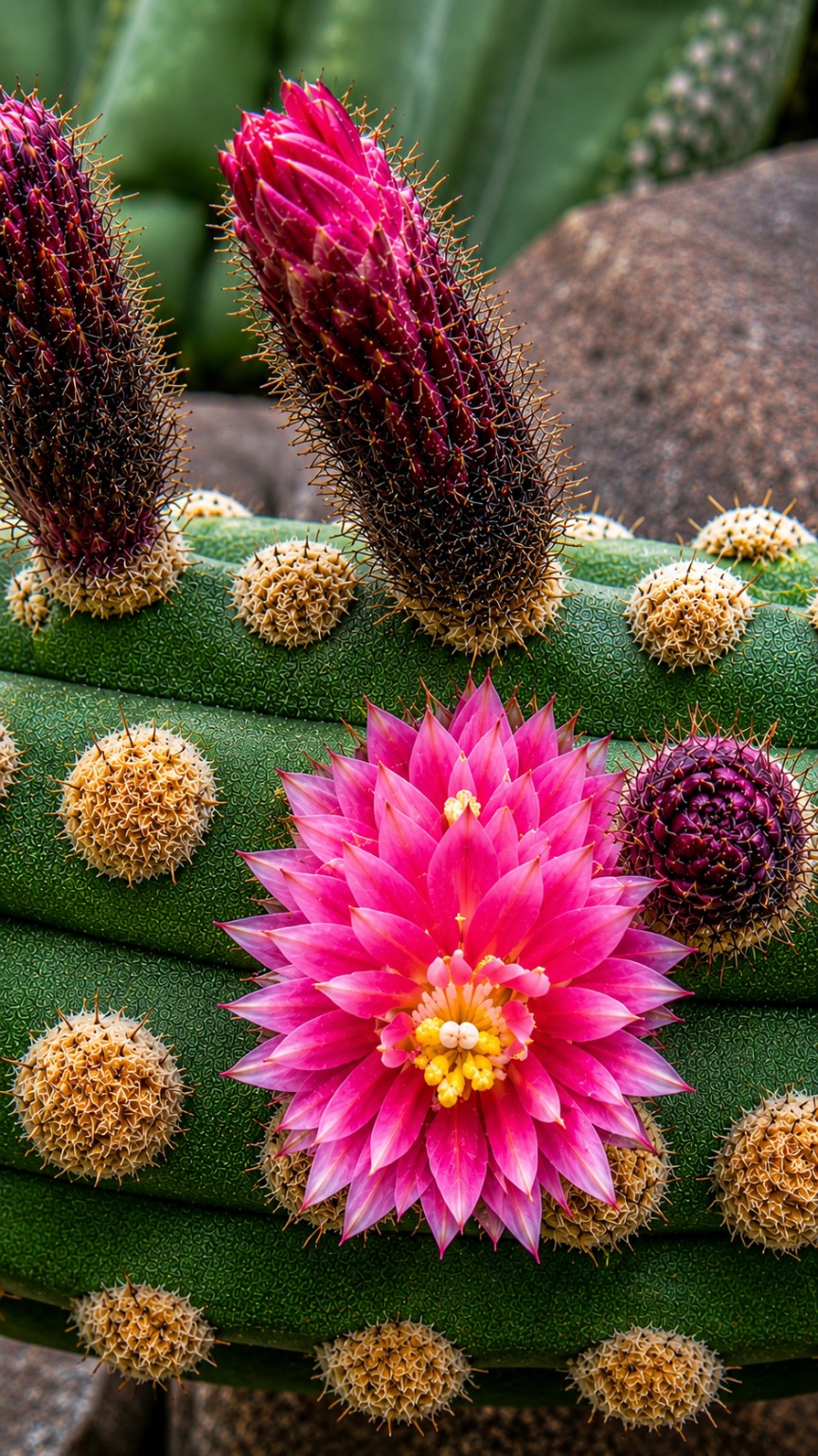 Vivid pink cactus flowers among intricate spines