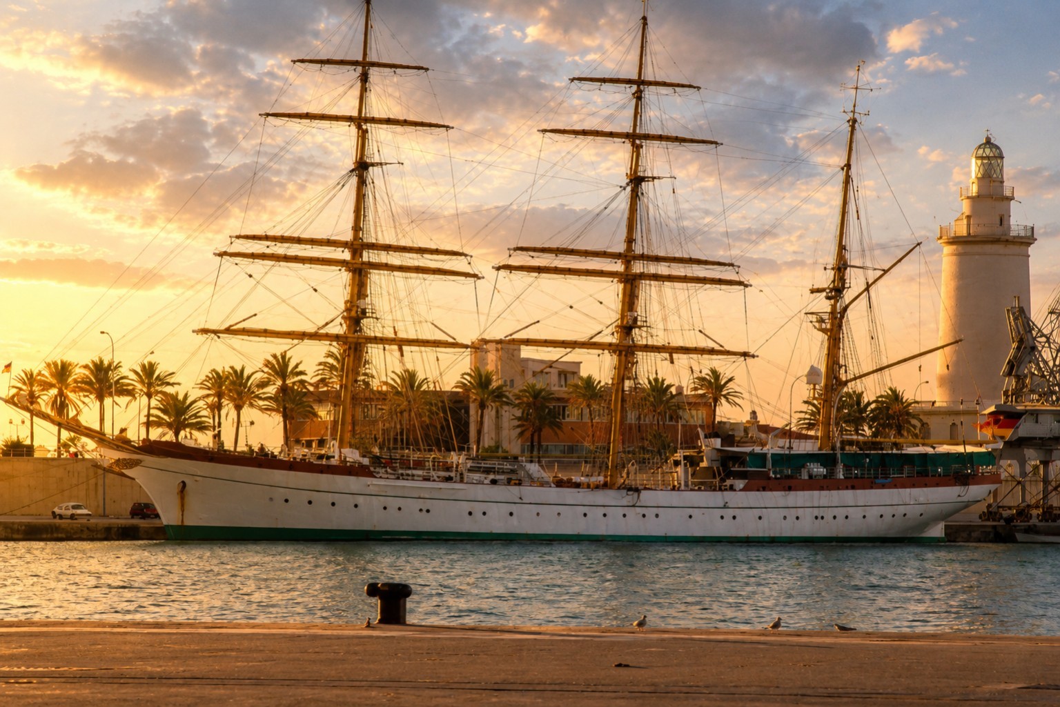 Tall ship and lighthouse in Málaga